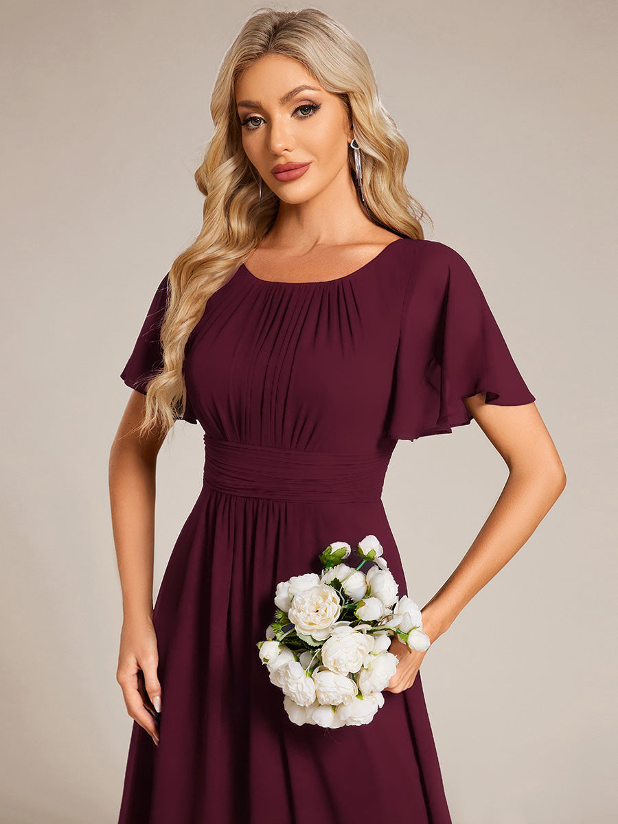 Robe de demoiselle d'honneur trapèze plissée en mousseline de soie simple, encolure ronde #Couleur_Pourpre