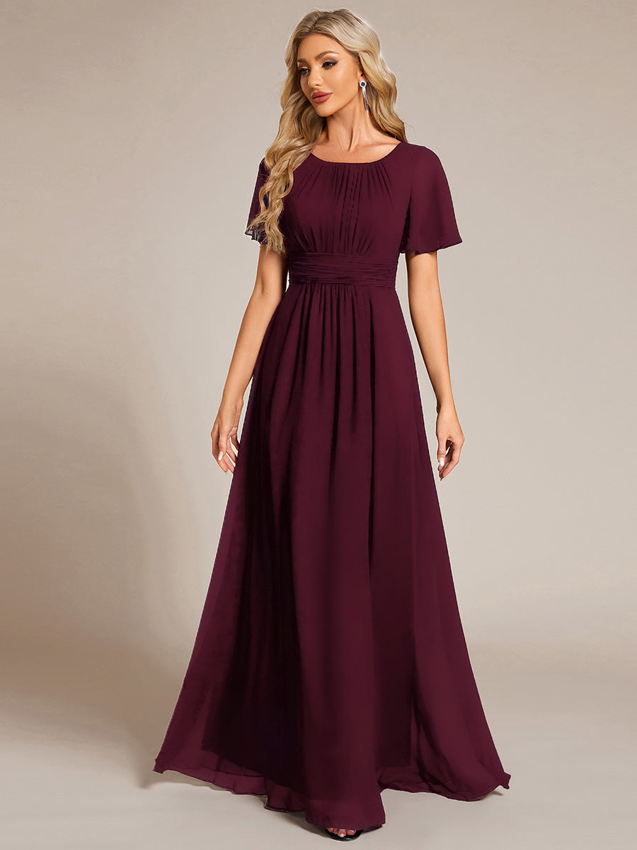 Robe de demoiselle d'honneur trapèze plissée en mousseline de soie simple, encolure ronde #Couleur_Pourpre