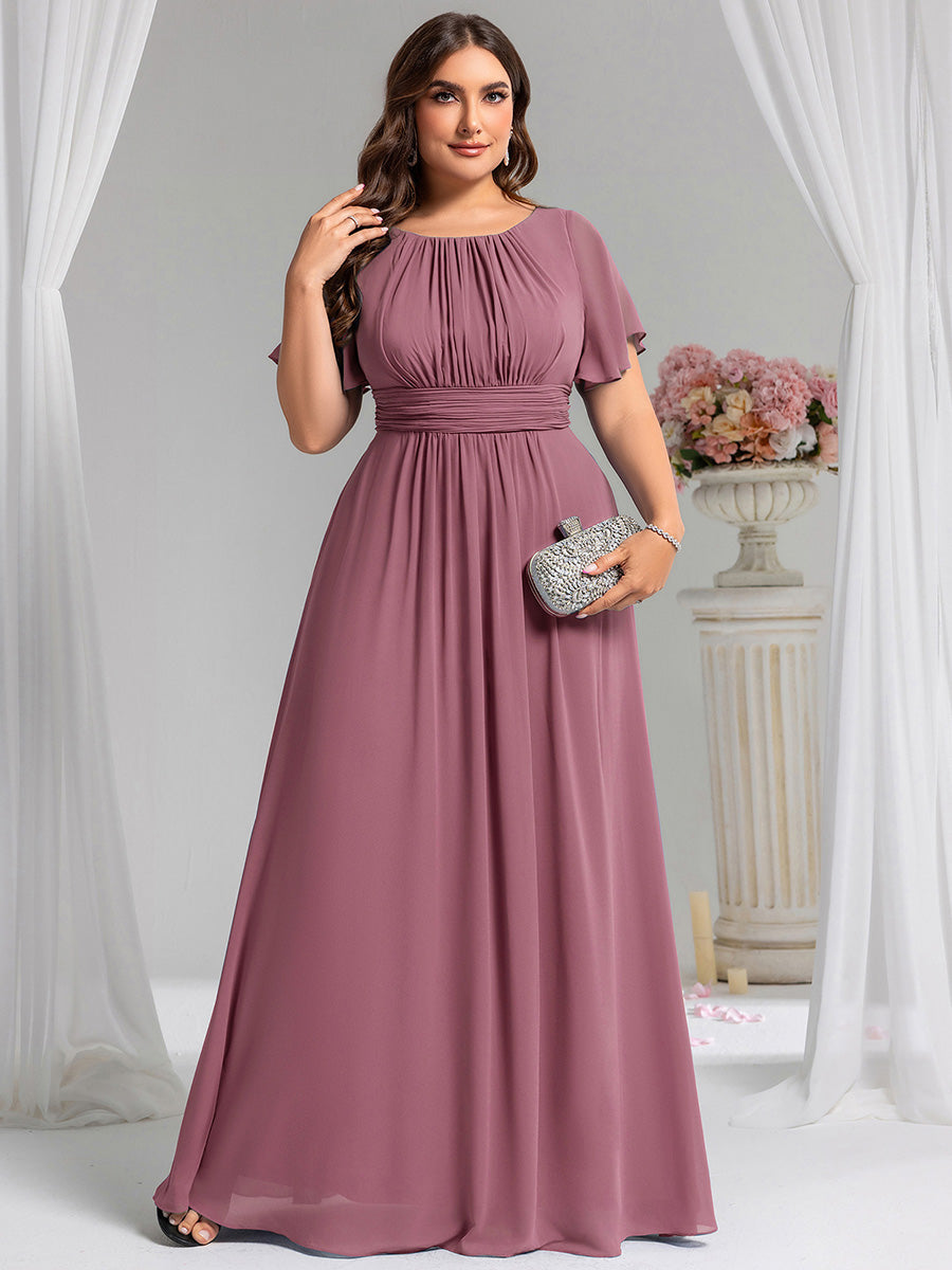 Robe de demoiselle d'honneur trapèze plissée en mousseline de soie simple, encolure ronde #Couleur_Orchidee