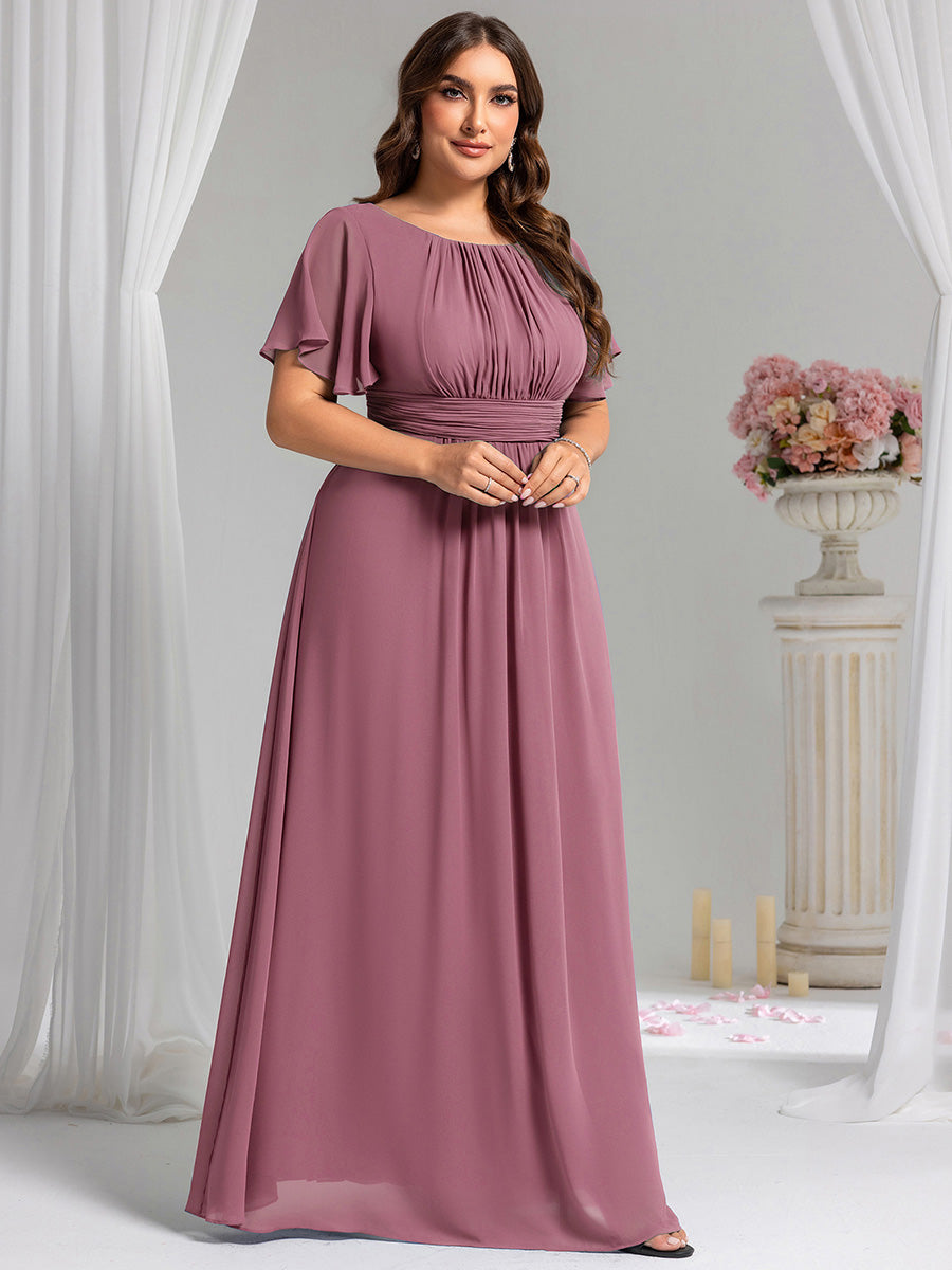Robe de demoiselle d'honneur trapèze plissée en mousseline de soie simple, encolure ronde #Couleur_Orchidee