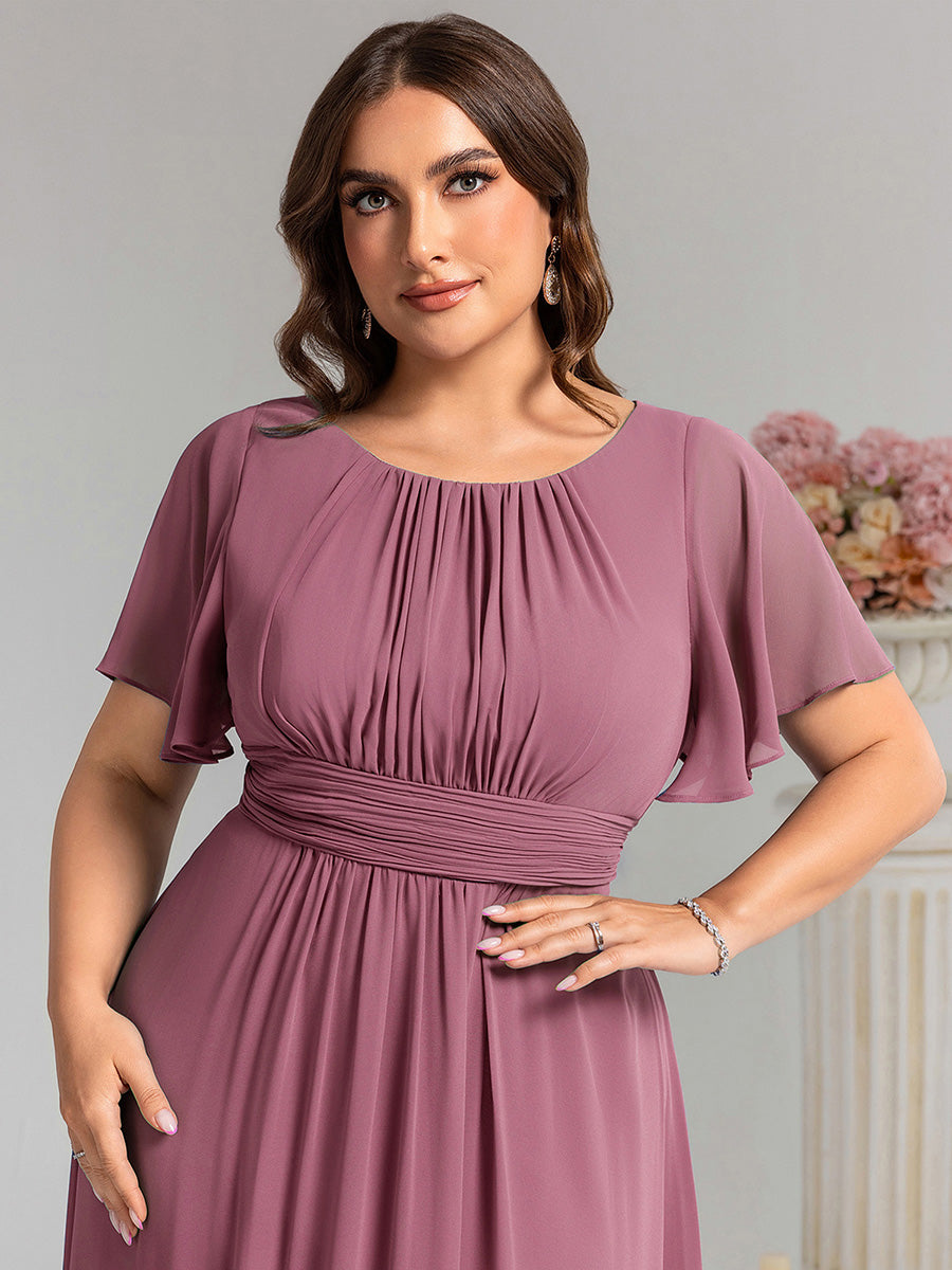Robe de demoiselle d'honneur trapèze plissée en mousseline de soie simple, encolure ronde #Couleur_Orchidee