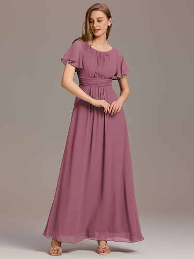 Robe de demoiselle d'honneur trapèze plissée en mousseline de soie simple, encolure ronde