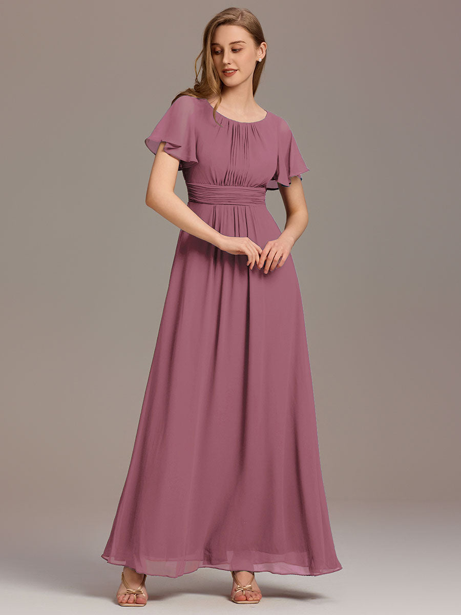 Robe de demoiselle d'honneur trapèze plissée en mousseline de soie simple, encolure ronde #Couleur_Orchidee