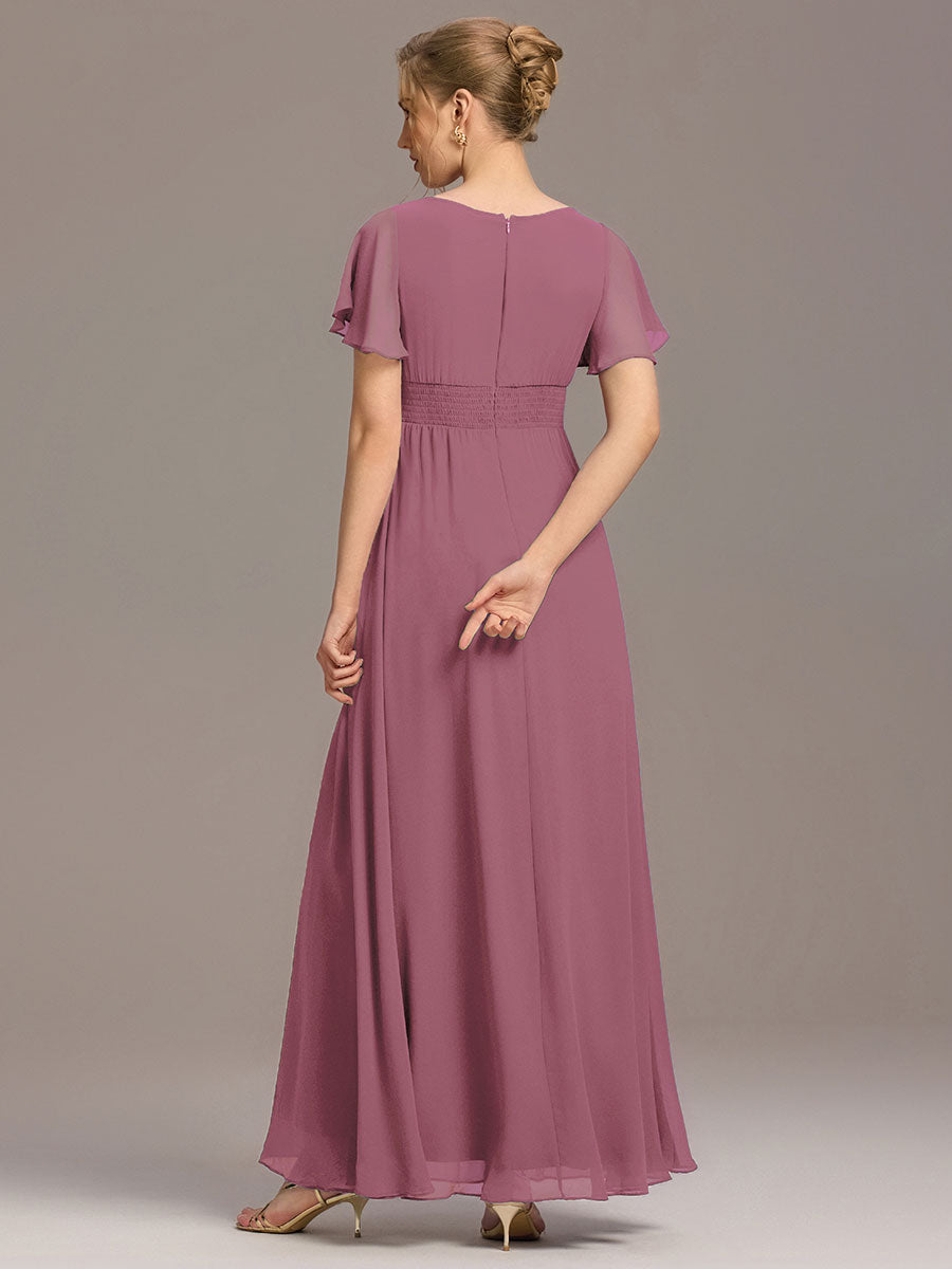 Robe de demoiselle d'honneur trapèze plissée en mousseline de soie simple, encolure ronde #Couleur_Orchidee
