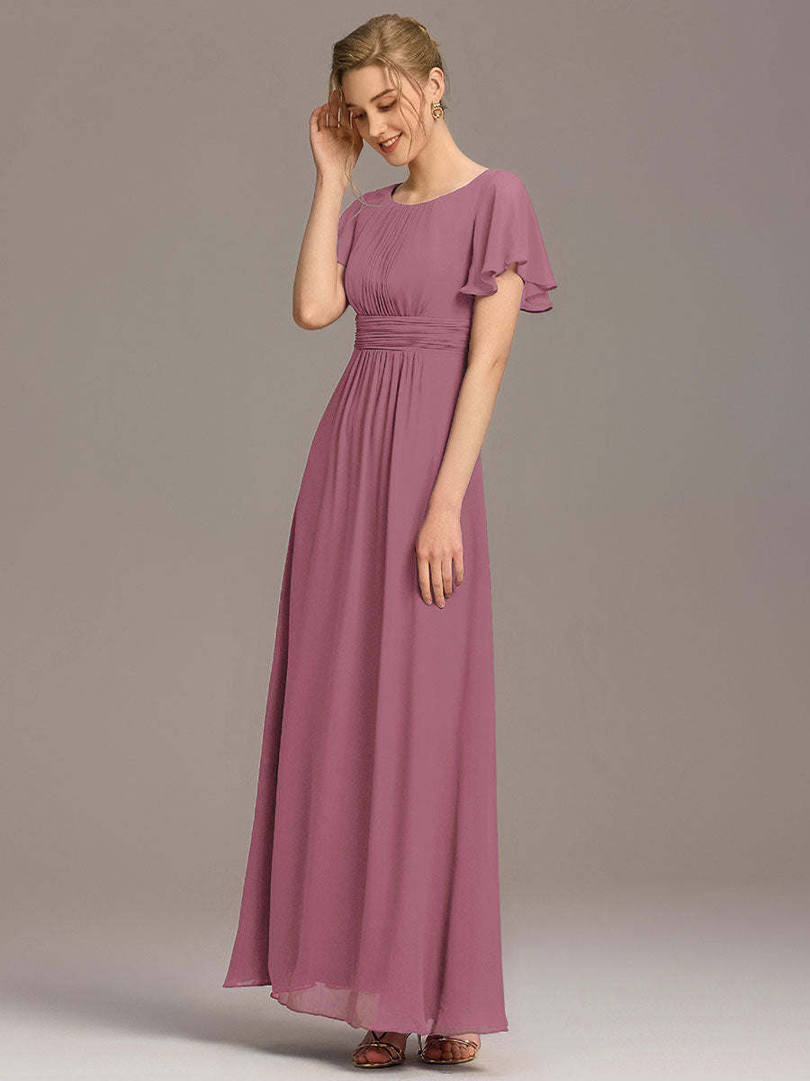 Robe de demoiselle d'honneur trapèze plissée en mousseline de soie simple, encolure ronde #Couleur_Orchidee