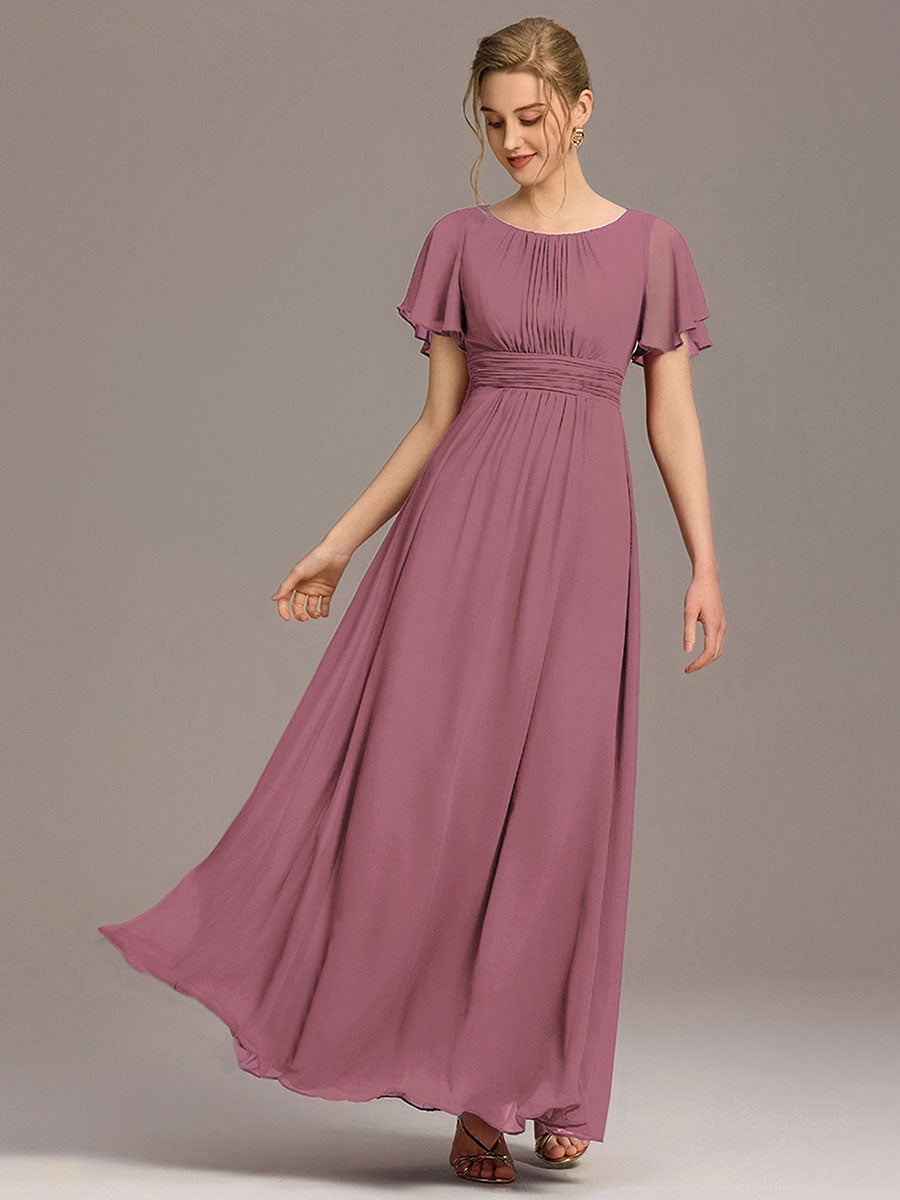 Robe de demoiselle d'honneur trapèze plissée en mousseline de soie simple, encolure ronde #Couleur_Orchidee