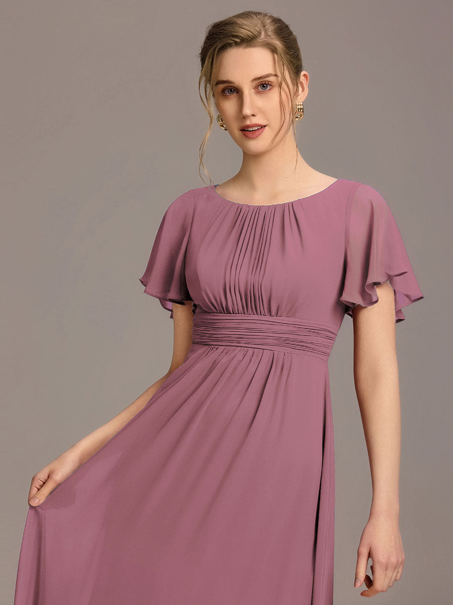 Robe de demoiselle d'honneur trapèze plissée en mousseline de soie simple, encolure ronde #Couleur_Orchidee