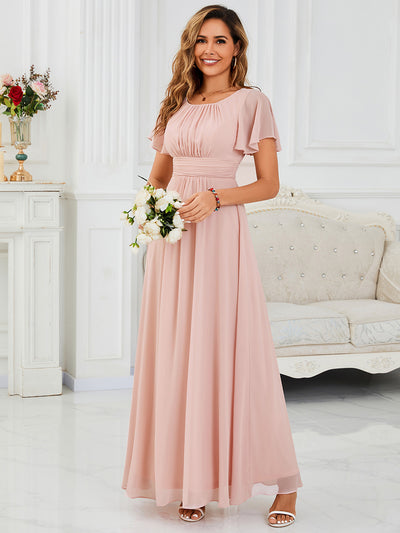 Robe de demoiselle d'honneur trapèze plissée en mousseline de soie simple, encolure ronde