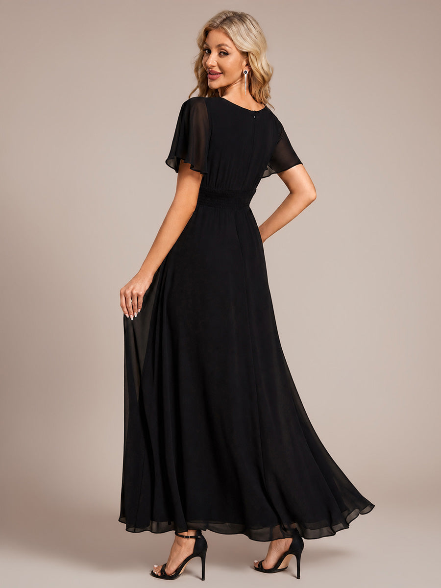 Robe D'invité De Mariage En Mousseline De Soie Mi-Longue Plissée à Manches à Volants Et Col En V  #Couleur_Noir