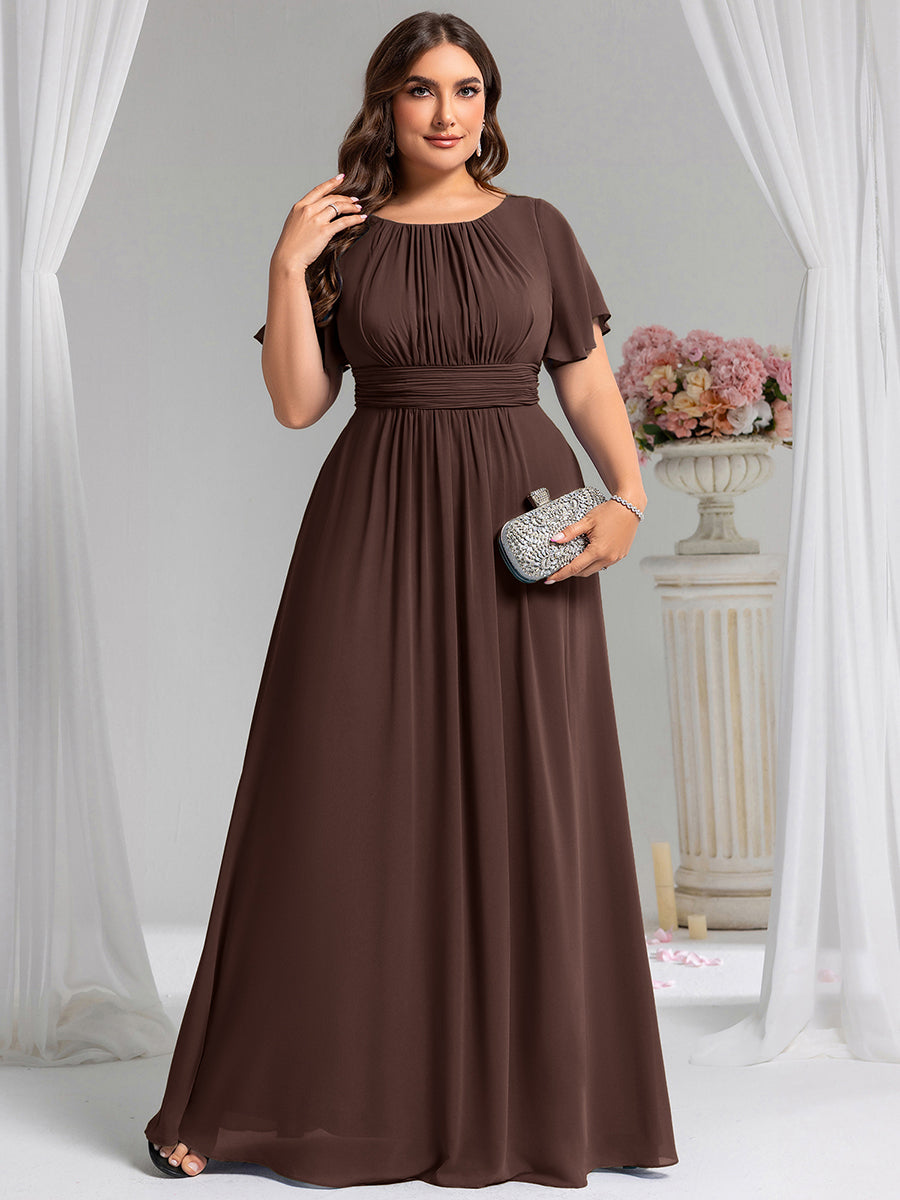 robe longue à manches courtes avec volants et plis en forme de A #Couleur_Marron chocolat