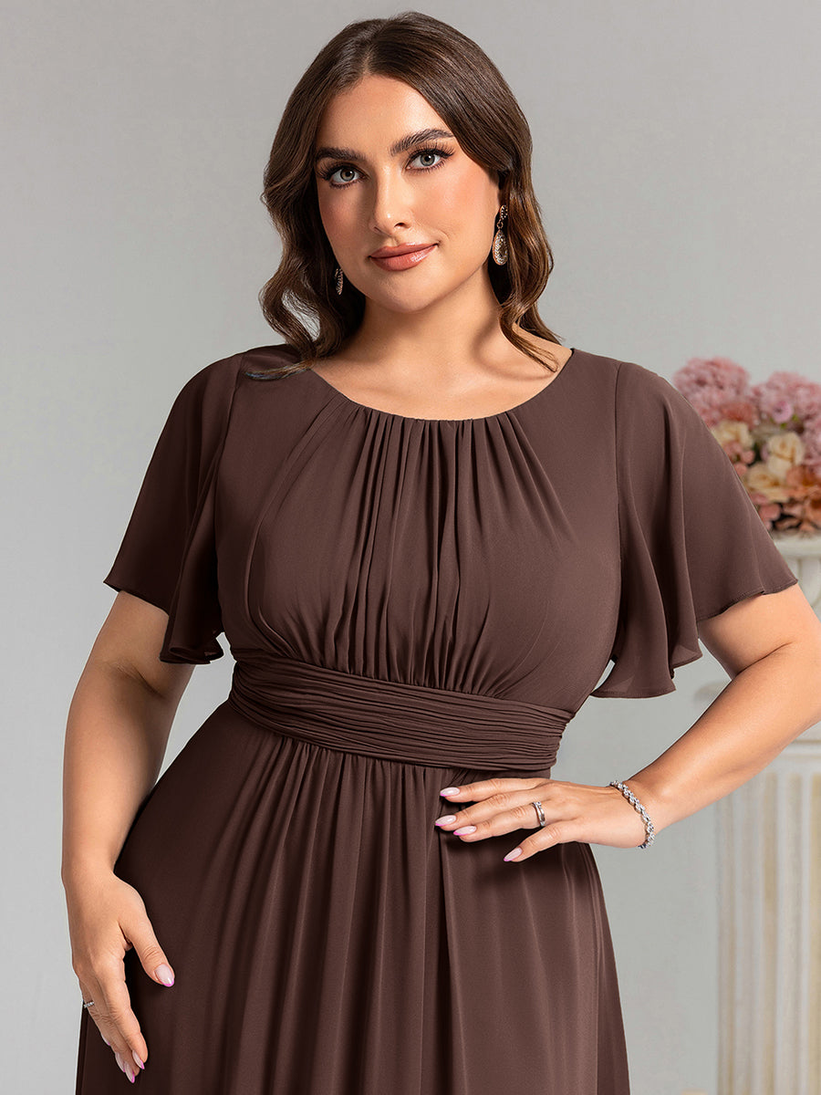 robe longue à manches courtes avec volants et plis en forme de A #Couleur_Marron chocolat