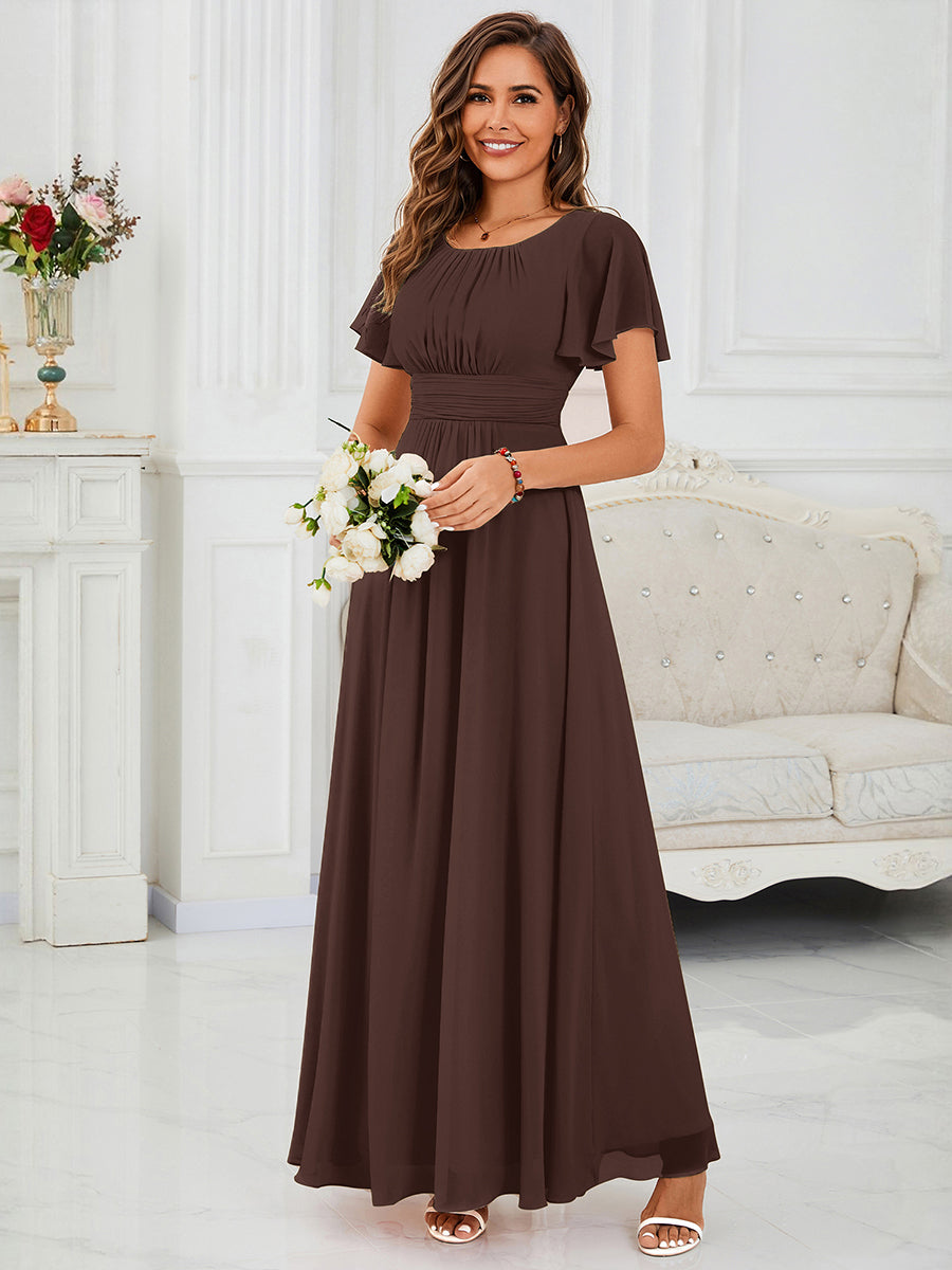 robe longue à manches courtes avec volants et plis en forme de A #Couleur_Marron chocolat