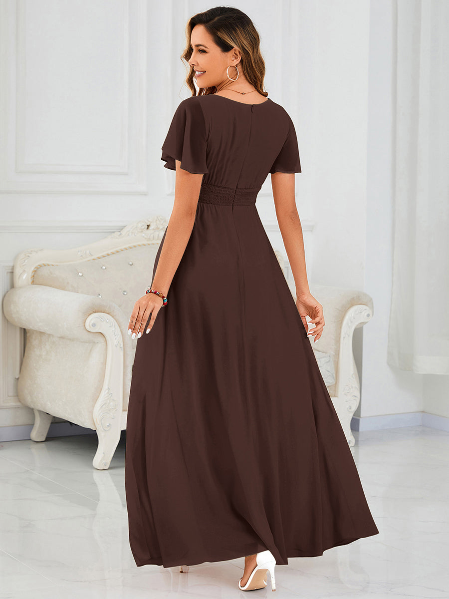 robe longue à manches courtes avec volants et plis en forme de A #Couleur_Marron chocolat
