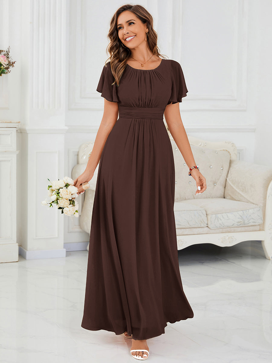 robe longue à manches courtes avec volants et plis en forme de A #Couleur_Marron chocolat