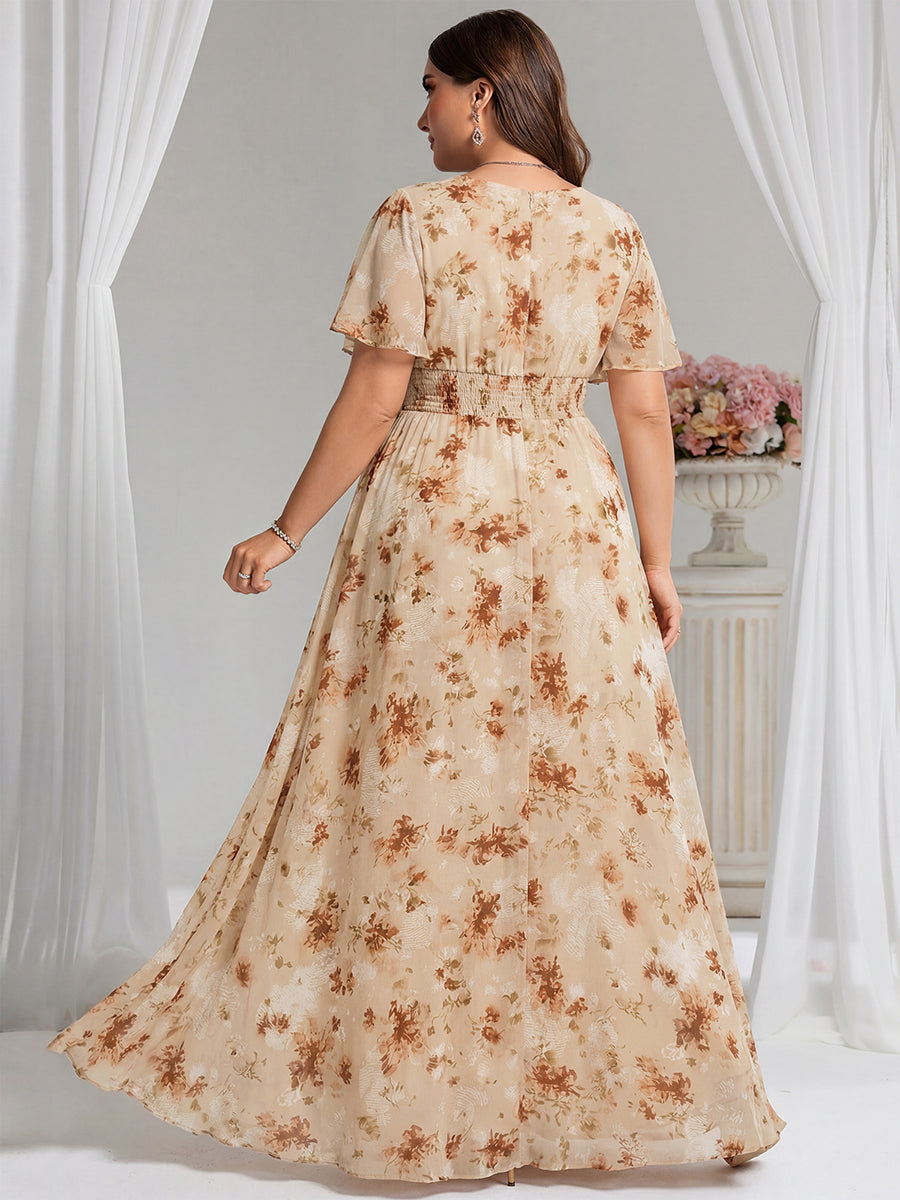 Robe D'invité De Mariage En Mousseline De Soie Mi-Longue Plissée à Manches à Volants Et Col En V #Couleur_Impression Champagne