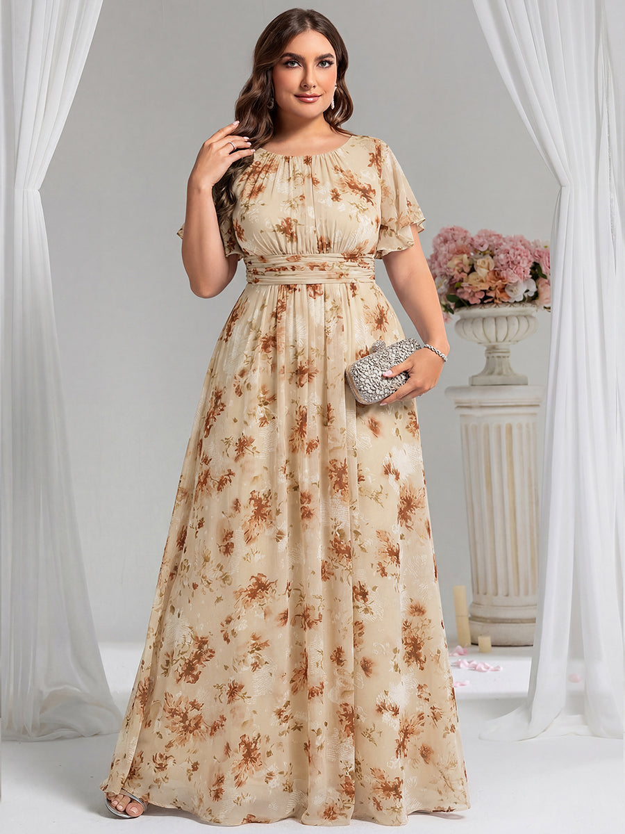 Robe D'invité De Mariage En Mousseline De Soie Mi-Longue Plissée à Manches à Volants Et Col En V #Couleur_Impression Champagne