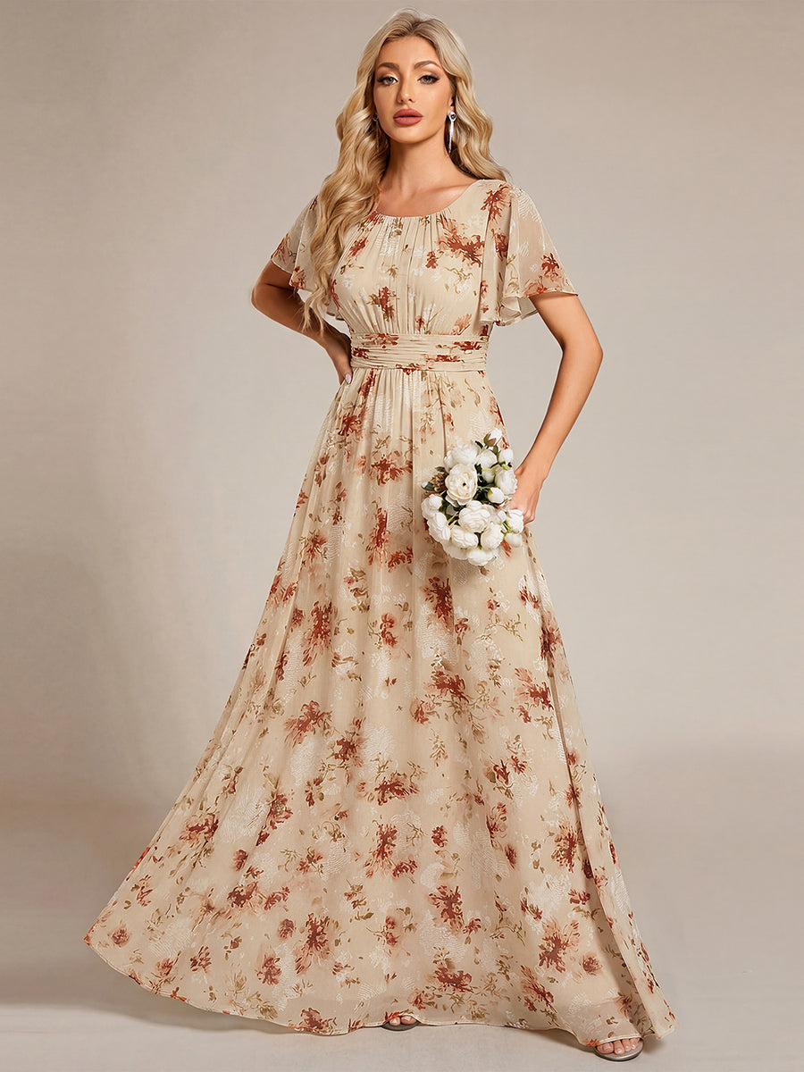 Robe D'invité De Mariage En Mousseline De Soie Mi-Longue Plissée à Manches à Volants Et Col En V 
#Couleur_Impression Champagne