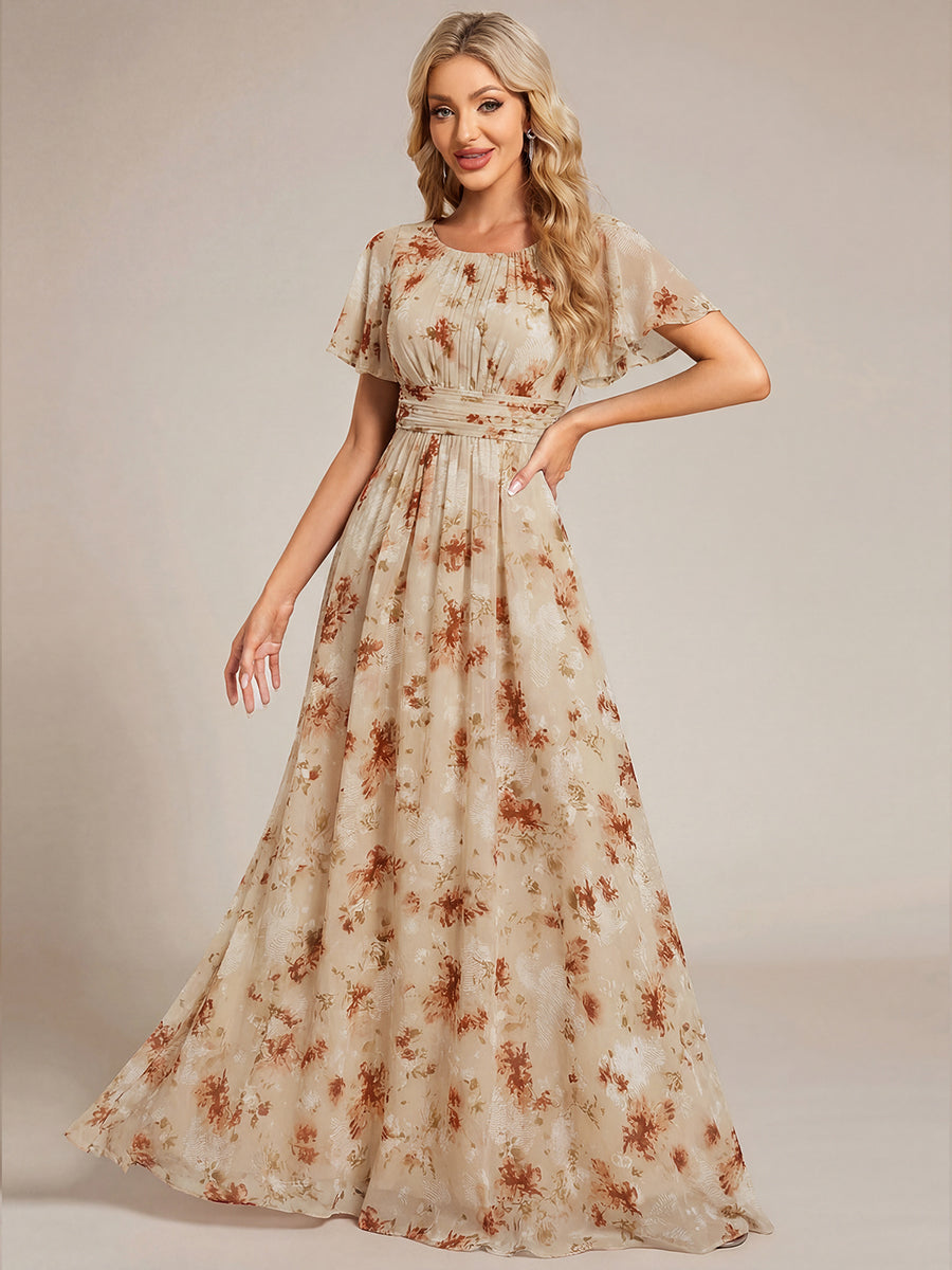 Robe D'invité De Mariage En Mousseline De Soie Mi-Longue Plissée à Manches à Volants Et Col En V #Couleur_Impression Champagne