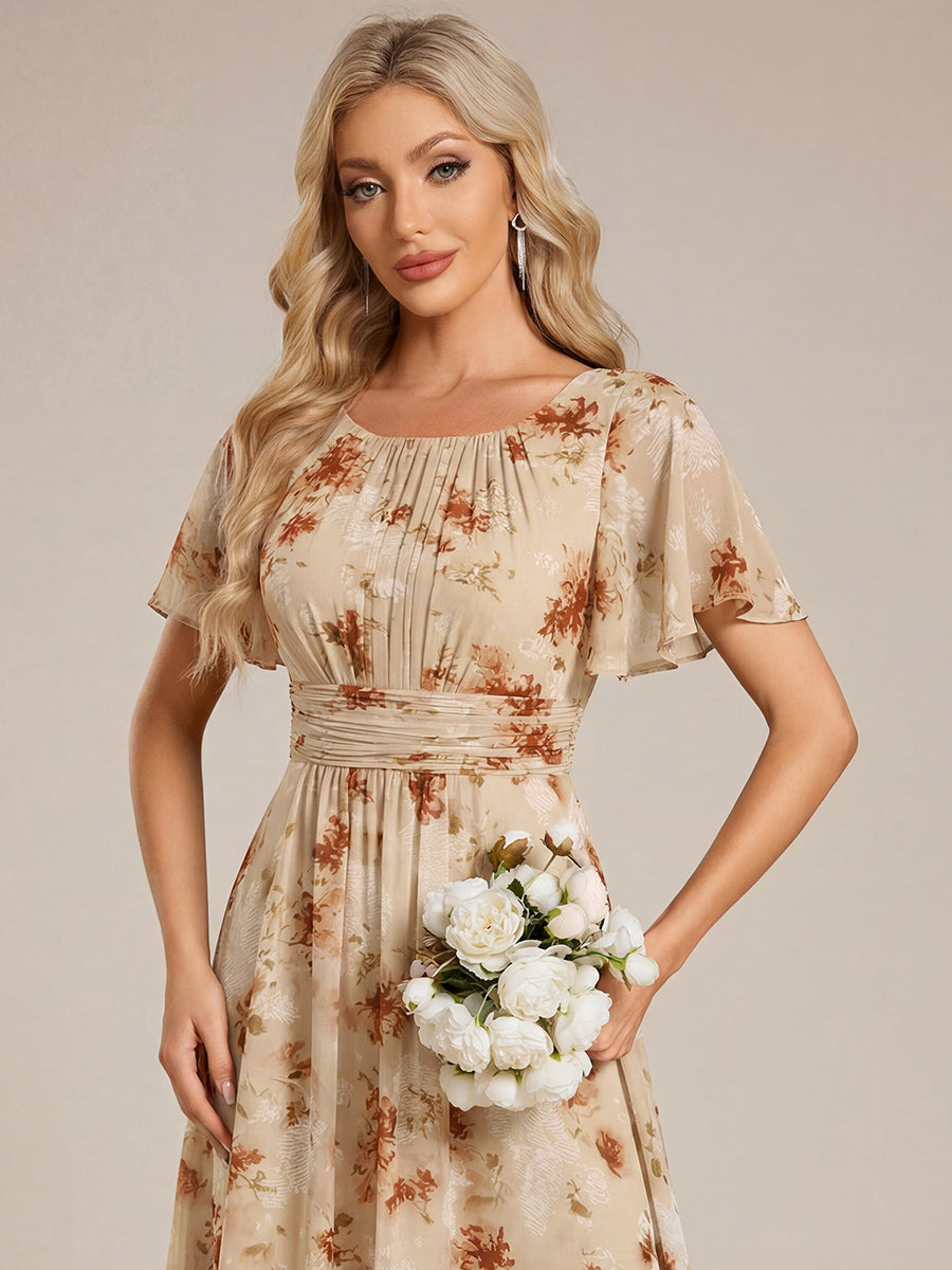 Robe D'invité De Mariage En Mousseline De Soie Mi-Longue Plissée à Manches à Volants Et Col En V #Couleur_Impression Champagne