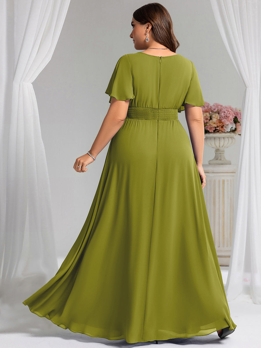 Robe D'invité De Mariage En Mousseline De Soie Mi-Longue Plissée à Manches à Volants Et Col En V #Couleur_Citron