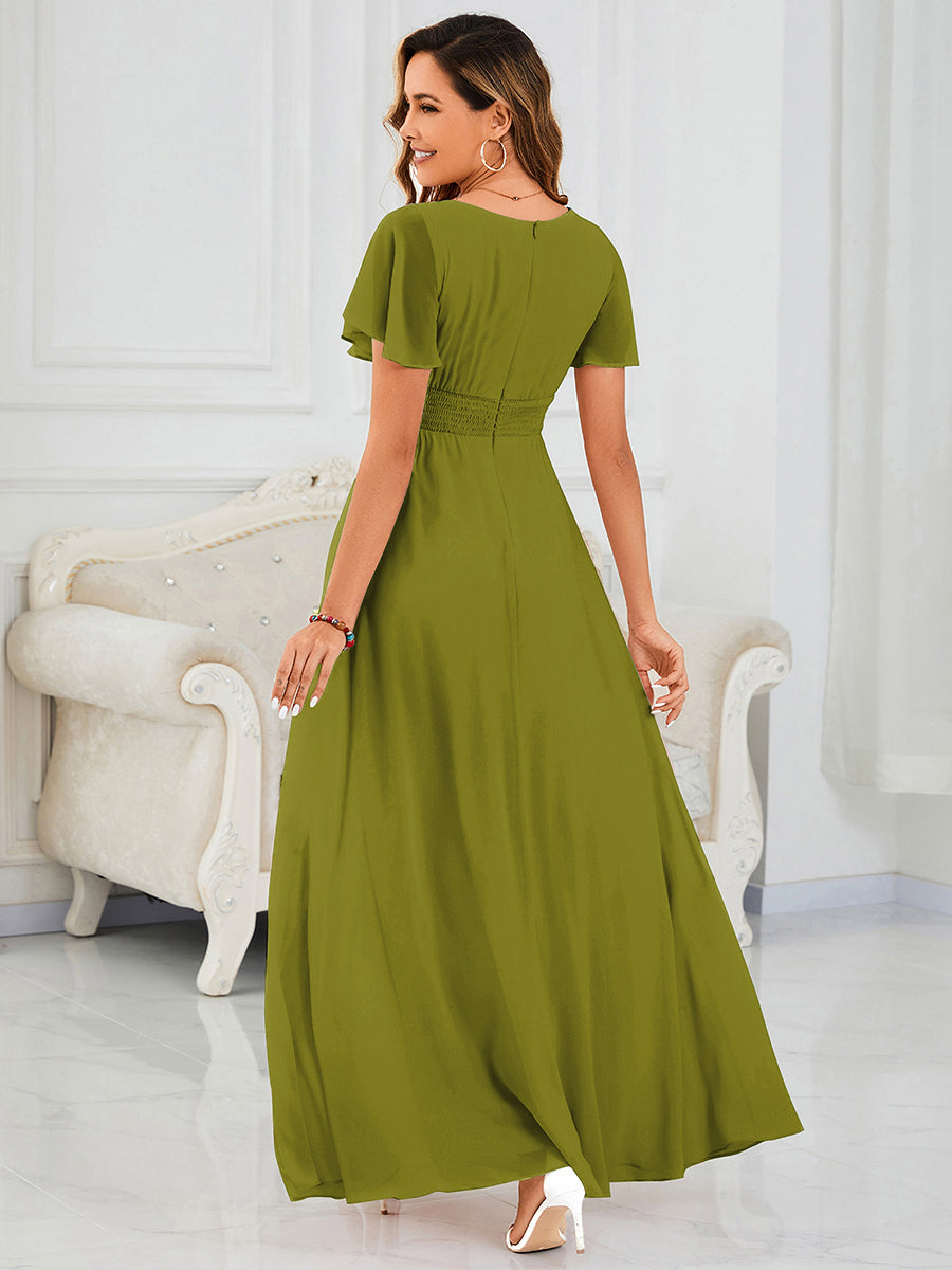 Robe D'invité De Mariage En Mousseline De Soie Mi-Longue Plissée à Manches à Volants Et Col En V #Couleur_Citron