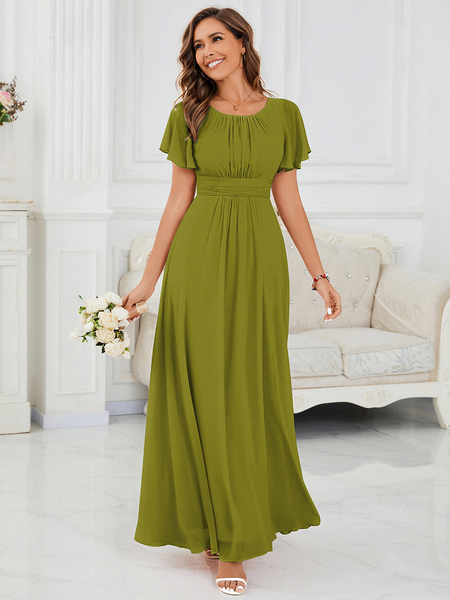 Robe D'invité De Mariage En Mousseline De Soie Mi-Longue Plissée à Manches à Volants Et Col En V #Couleur_Citron