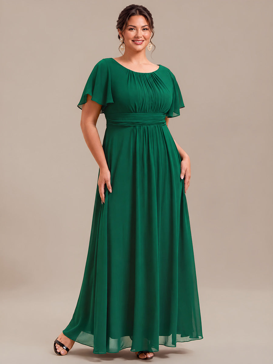 Robe D'invité De Mariage En Mousseline De Soie Mi-Longue Plissée à Manches à Volants Et Col En V  #Couleur_Vert Fonce