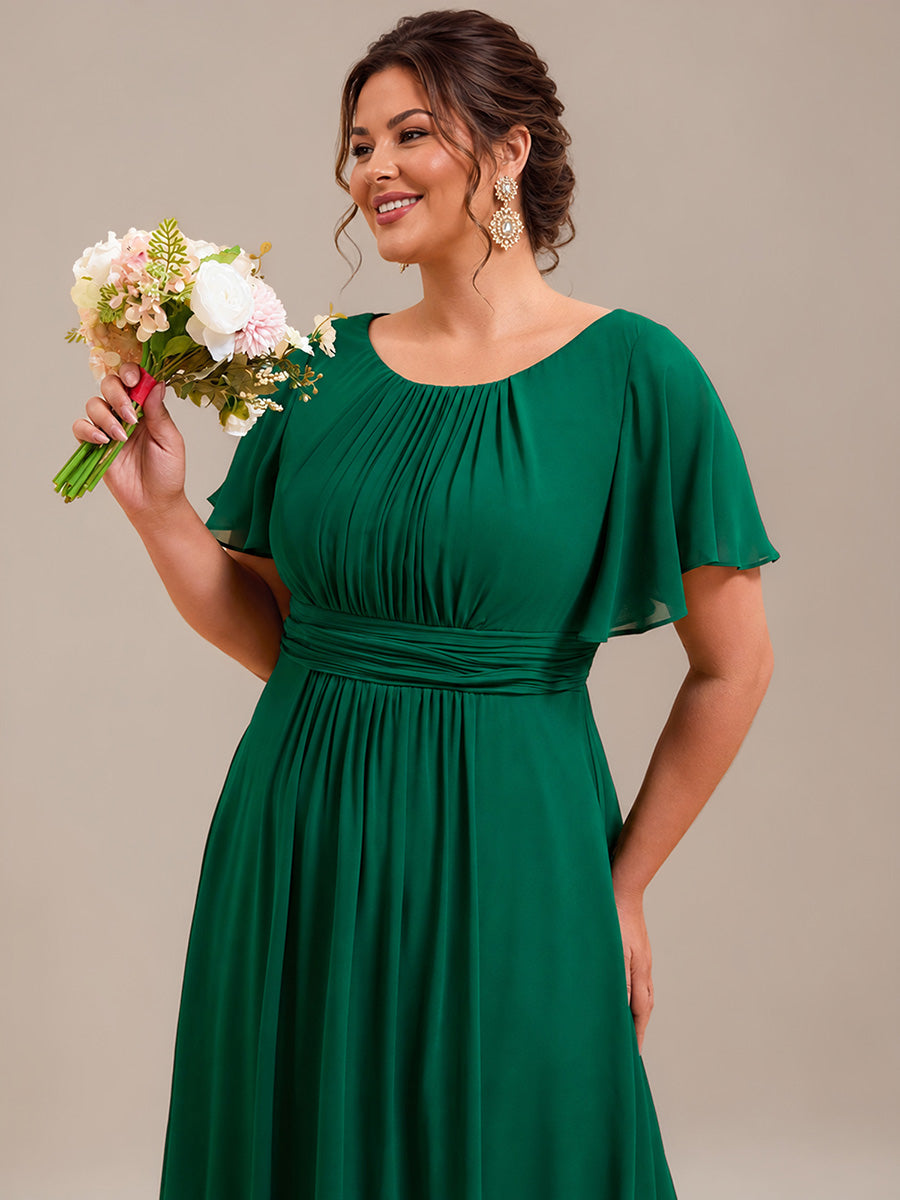 Robe D'invité De Mariage En Mousseline De Soie Mi-Longue Plissée à Manches à Volants Et Col En V  #Couleur_Vert Fonce