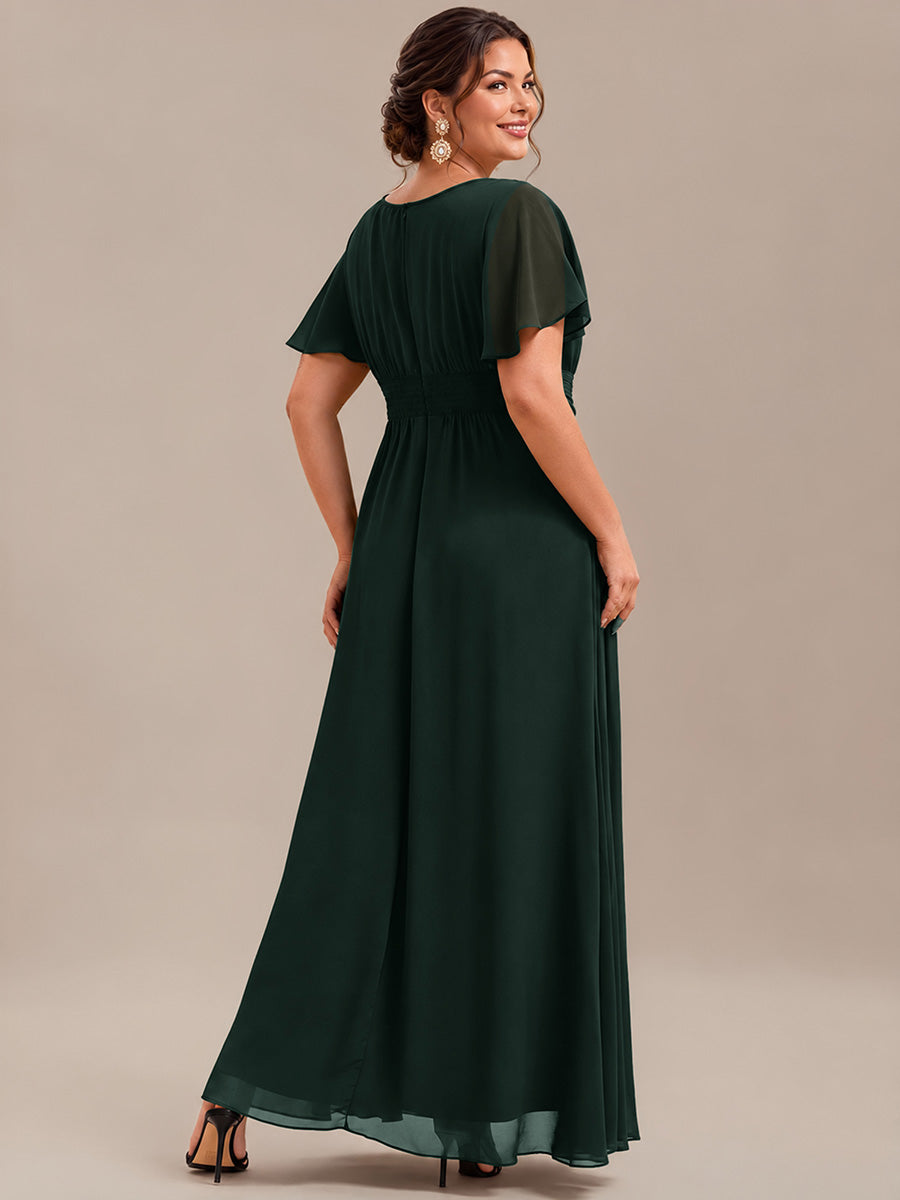 robe longue à manches courtes avec volants et plis en forme de A #Couleur_Vert forêt foncé