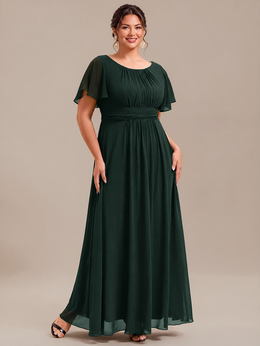 robe longue à manches courtes avec volants et plis en forme de A #Couleur_Vert forêt foncé