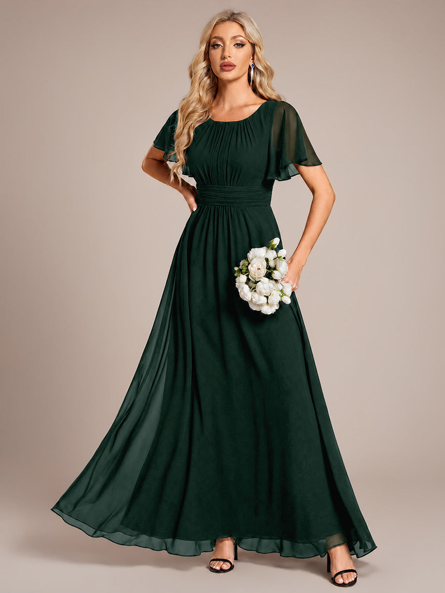 robe longue à manches courtes avec volants et plis en forme de A #Couleur_Vert forêt foncé