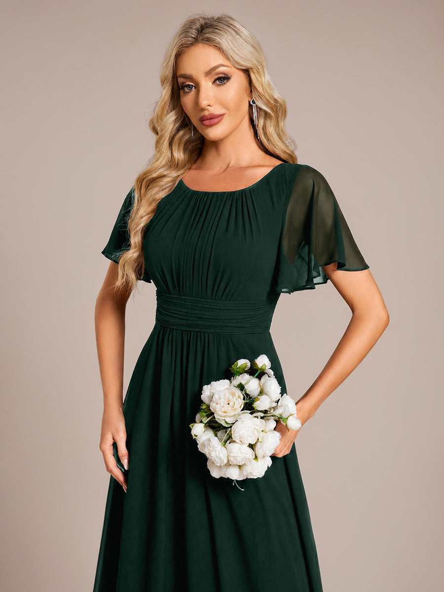 robe longue à manches courtes avec volants et plis en forme de A #Couleur_Vert forêt foncé