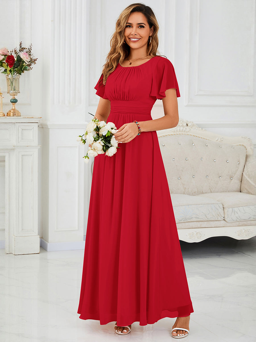 robe longue à manches courtes avec volants et plis en forme de A #Couleur_Rouge
