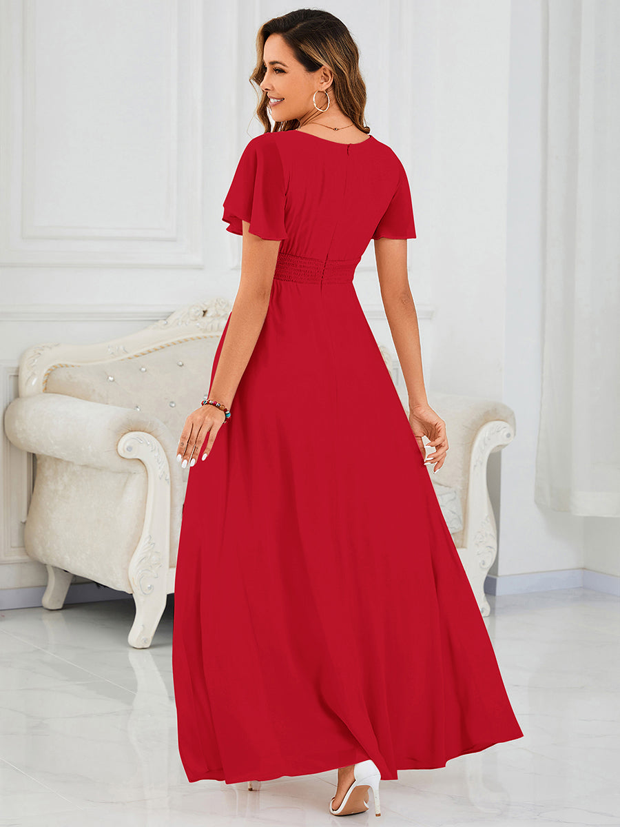 robe longue à manches courtes avec volants et plis en forme de A #Couleur_Rouge