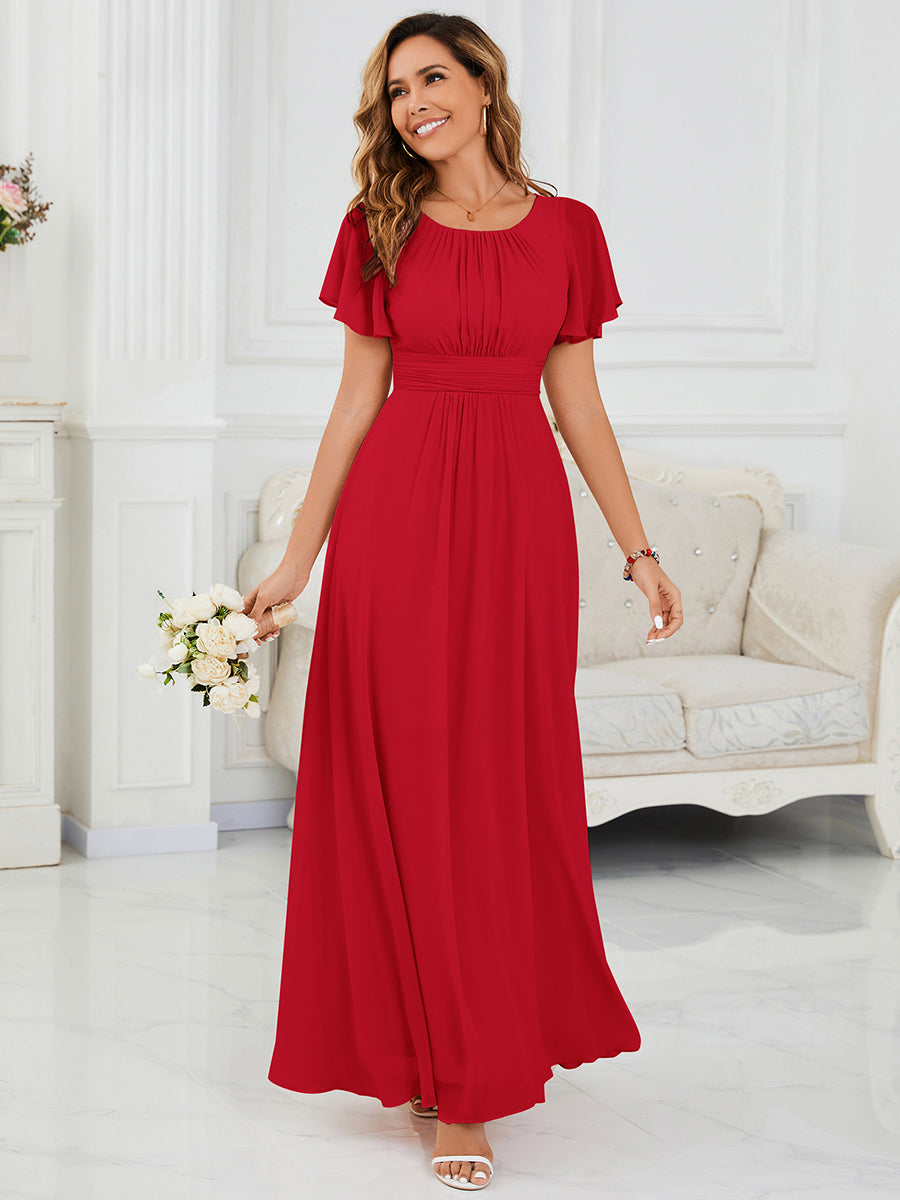 robe longue à manches courtes avec volants et plis en forme de A #Couleur_Rouge