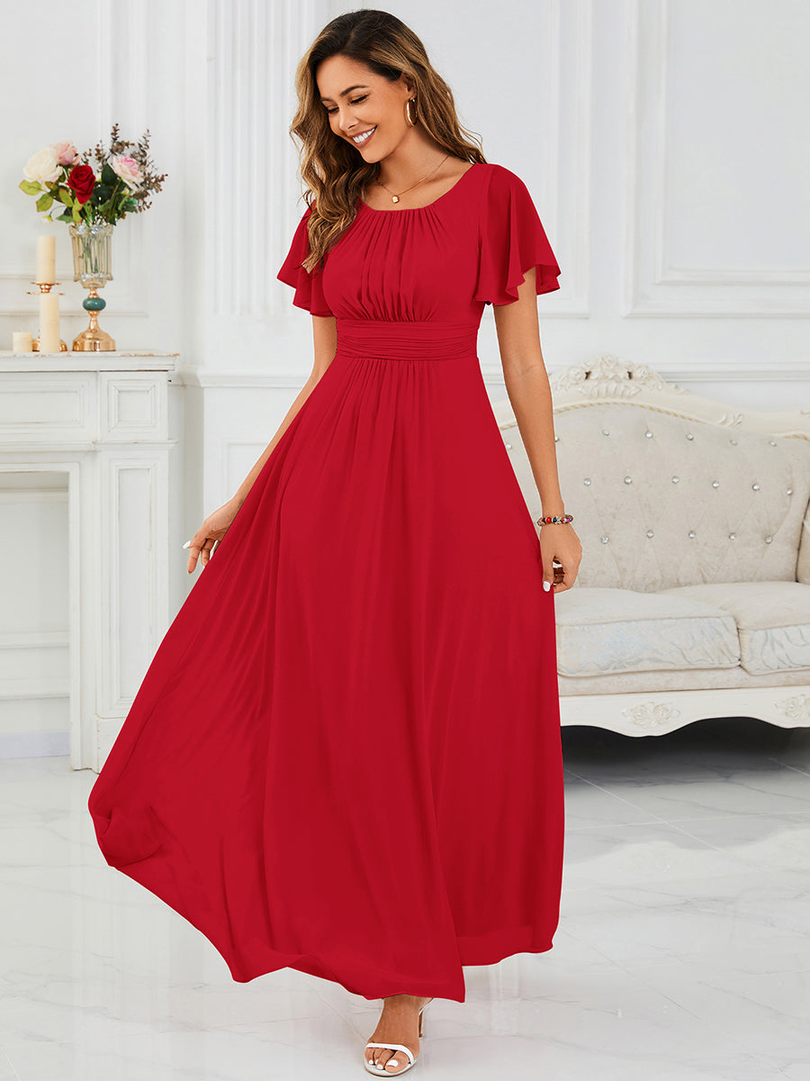 robe longue à manches courtes avec volants et plis en forme de A #Couleur_Rouge