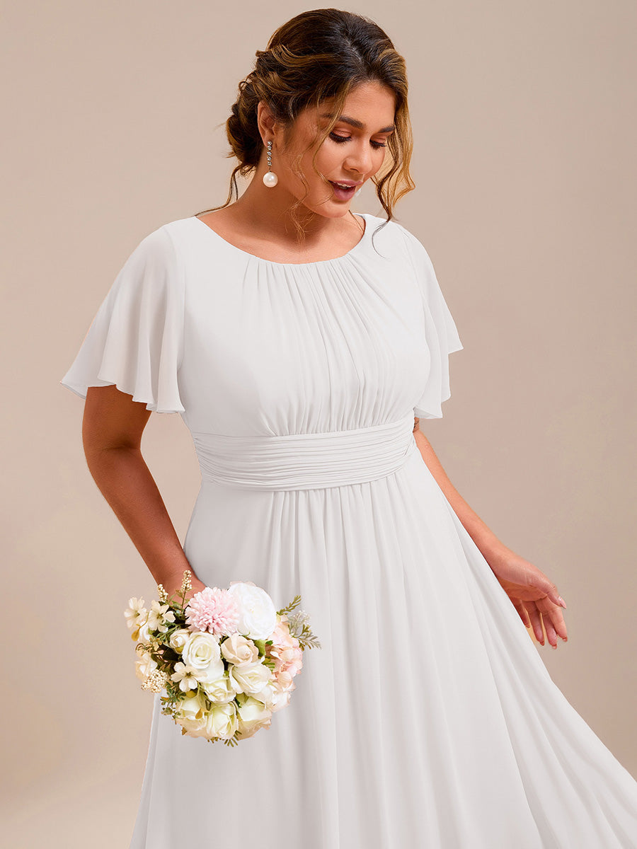 Robe D'invité De Mariage En Mousseline De Soie Mi-Longue Plissée à Manches à Volants Et Col En V #Couleur_Blanc