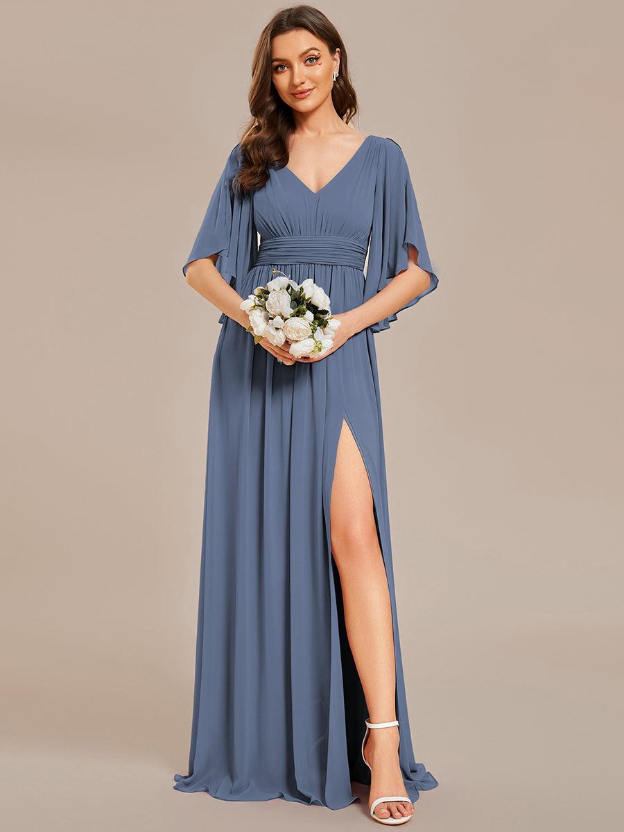 Robe Curvy en mousseline plissée Col V manches mi-longues #Couleur_Marine Fume