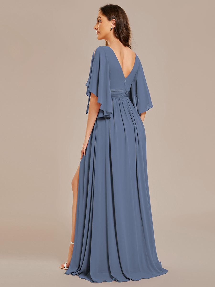 Robe Curvy en mousseline plissée Col V manches mi-longues #Couleur_Marine Fume