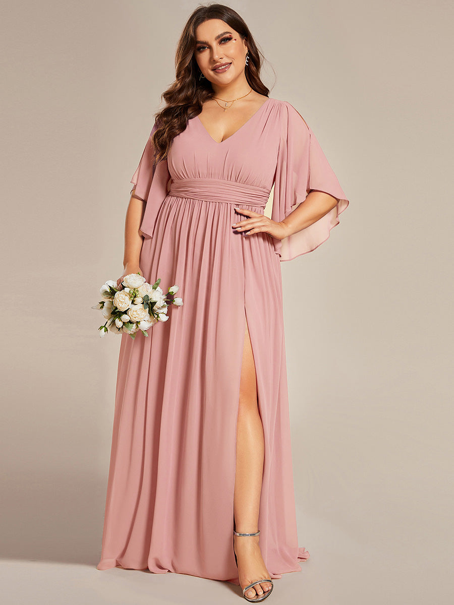 Robe Curvy en mousseline plissée Col V manches mi-longues #Couleur_Rose fumee
