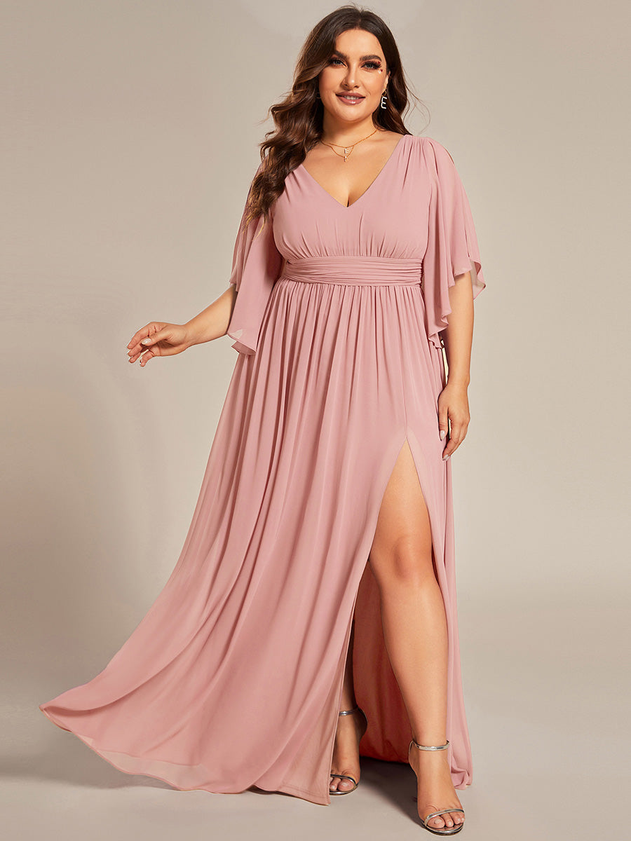 Robe Curvy en mousseline plissée Col V manches mi-longues #Couleur_Rose fumee