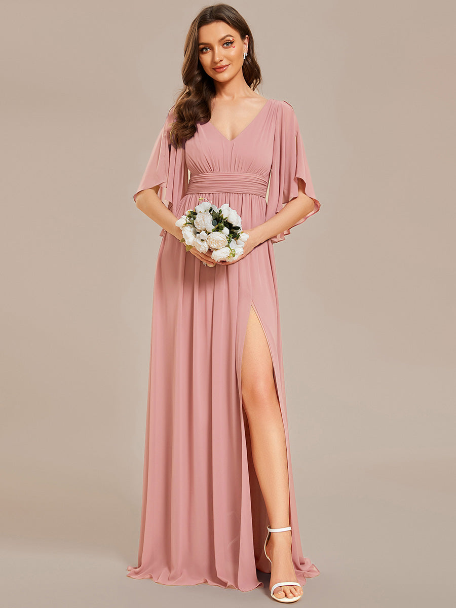 Robe Curvy en mousseline plissée Col V manches mi-longues #Couleur_Rose fumee