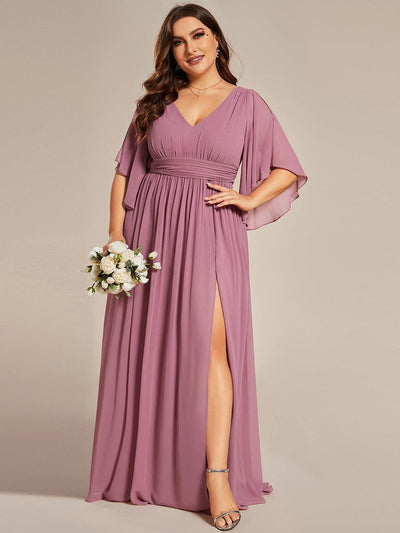 pretty ELYAN|Grande Taille Robe Curvy en mousseline plissée Col V manches mi-longues