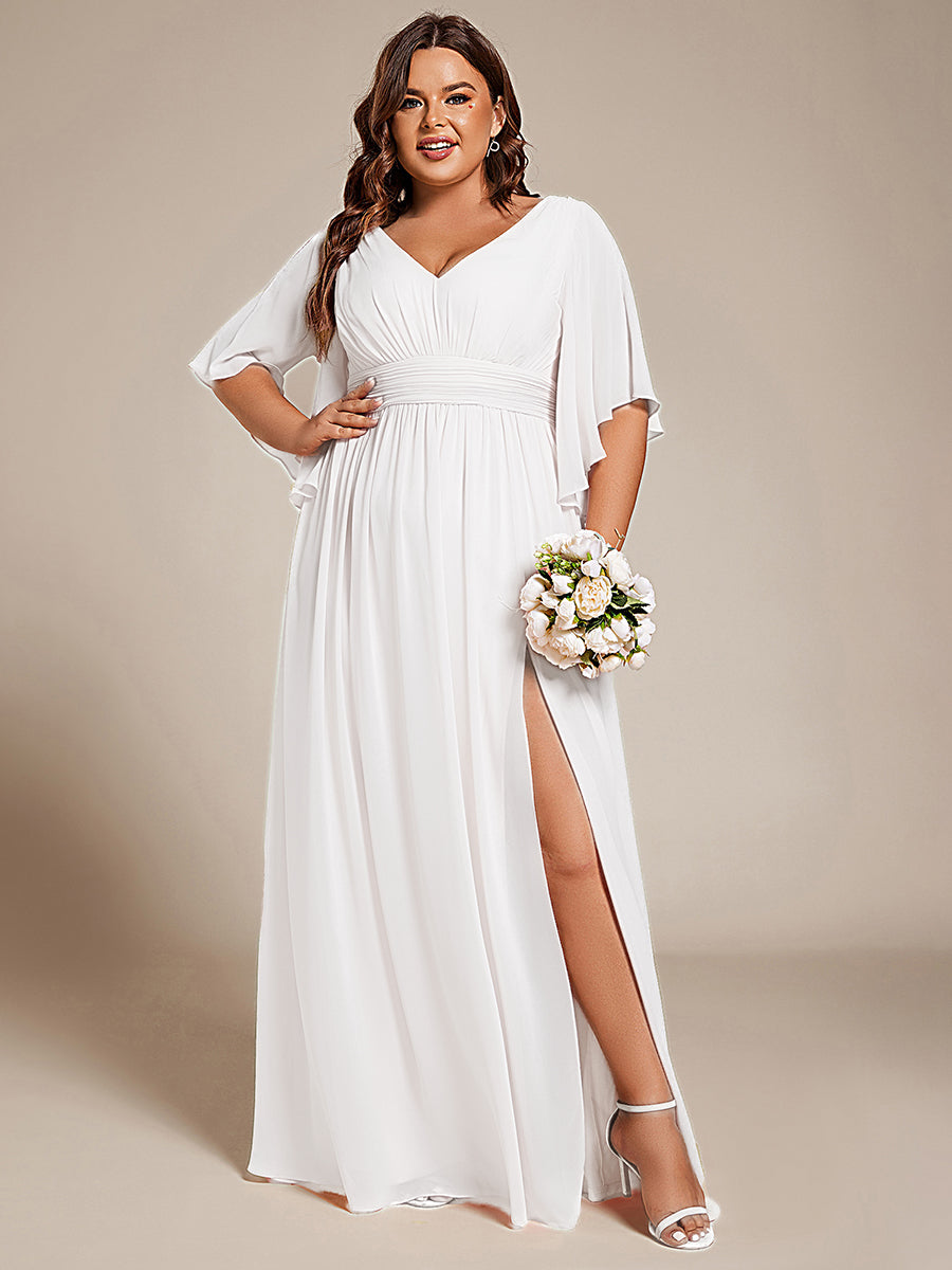 Robe D'invité De Mariage En Mousseline De Soie Mi-Longue Plissée à Manches à Volants Et Col En V  #Couleur_Blanc