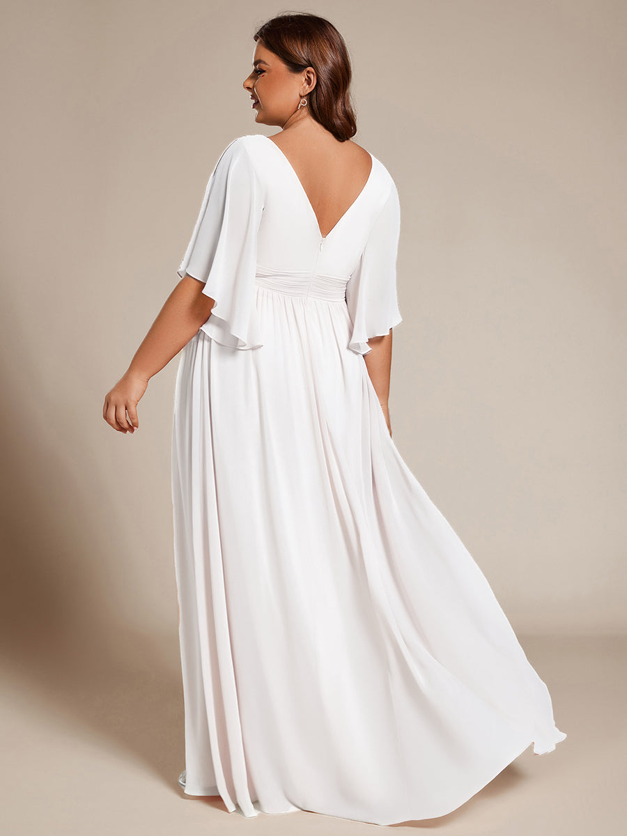 Robe D'invité De Mariage En Mousseline De Soie Mi-Longue Plissée à Manches à Volants Et Col En V  #Couleur_Blanc