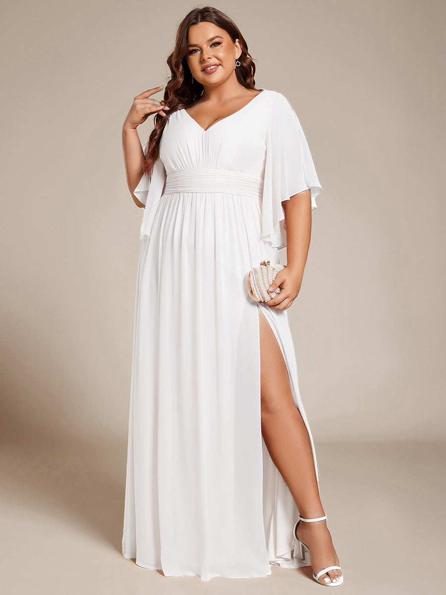 Robe D'invité De Mariage En Mousseline De Soie Mi-Longue Plissée à Manches à Volants Et Col En V  #Couleur_Blanc