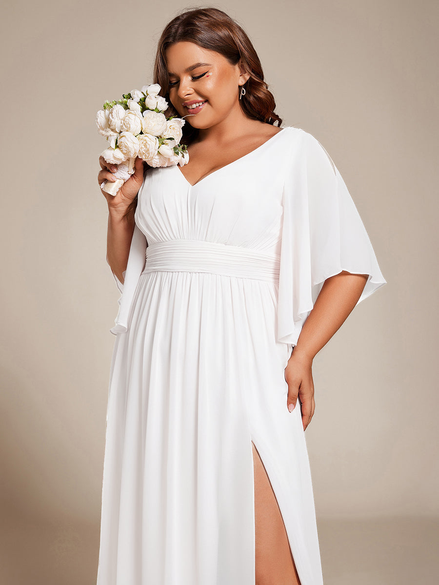 Robe D'invité De Mariage En Mousseline De Soie Mi-Longue Plissée à Manches à Volants Et Col En V  #Couleur_Blanc