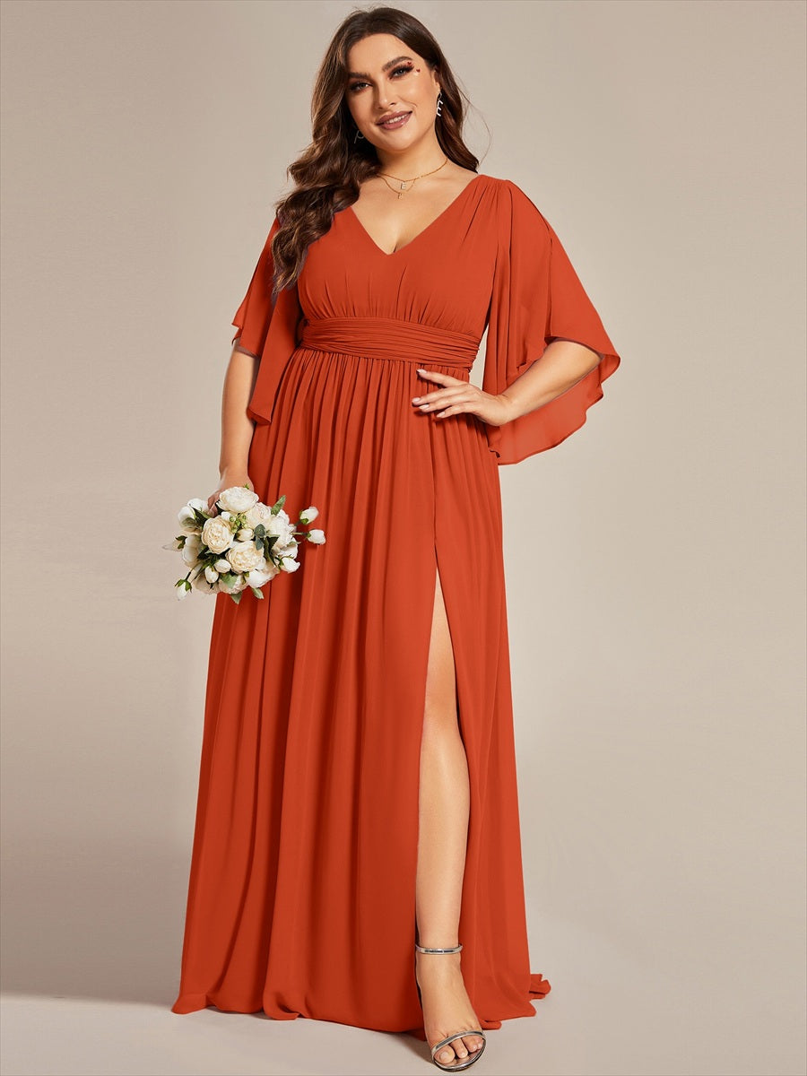 Robe Curvy en mousseline plissée Col V manches mi-longues #Couleur_Burnt Orange