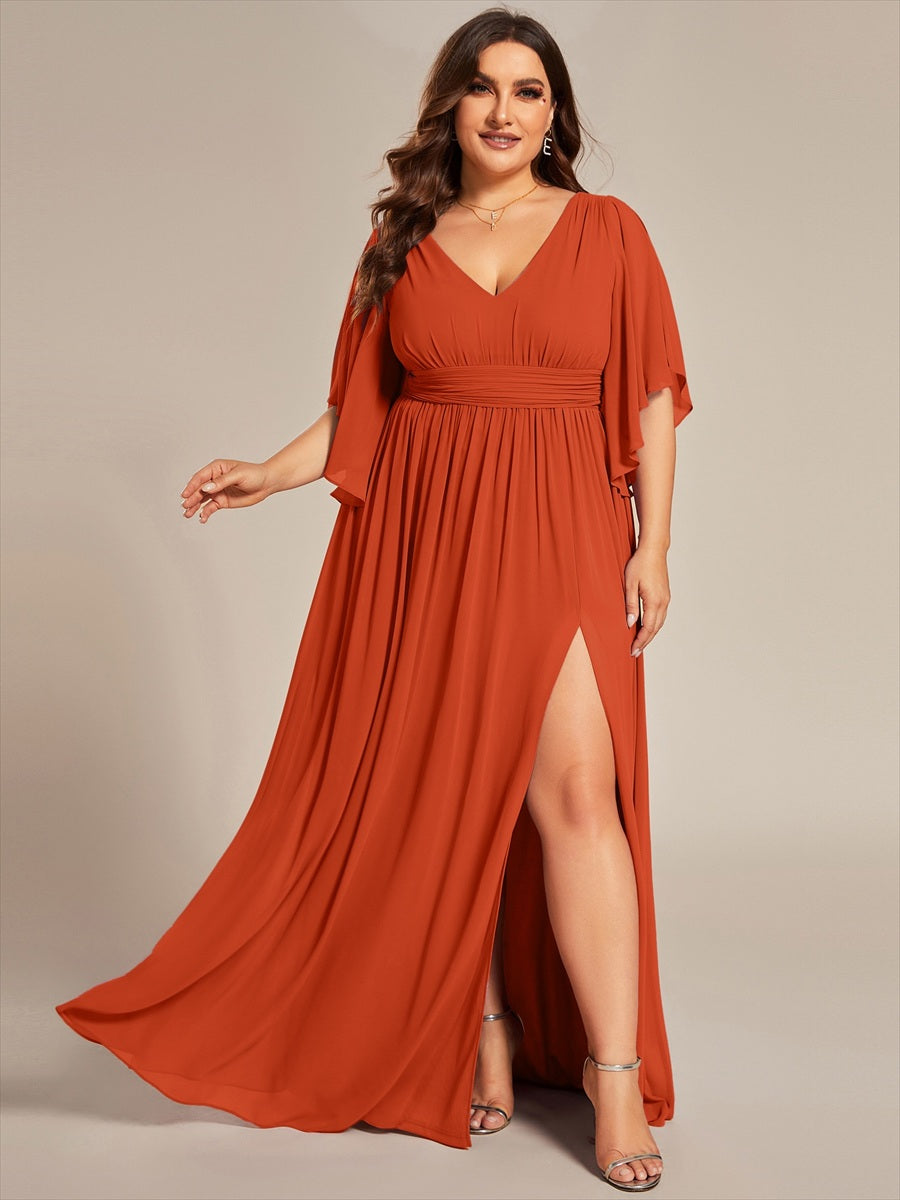 Robe Curvy en mousseline plissée Col V manches mi-longues #Couleur_Burnt Orange