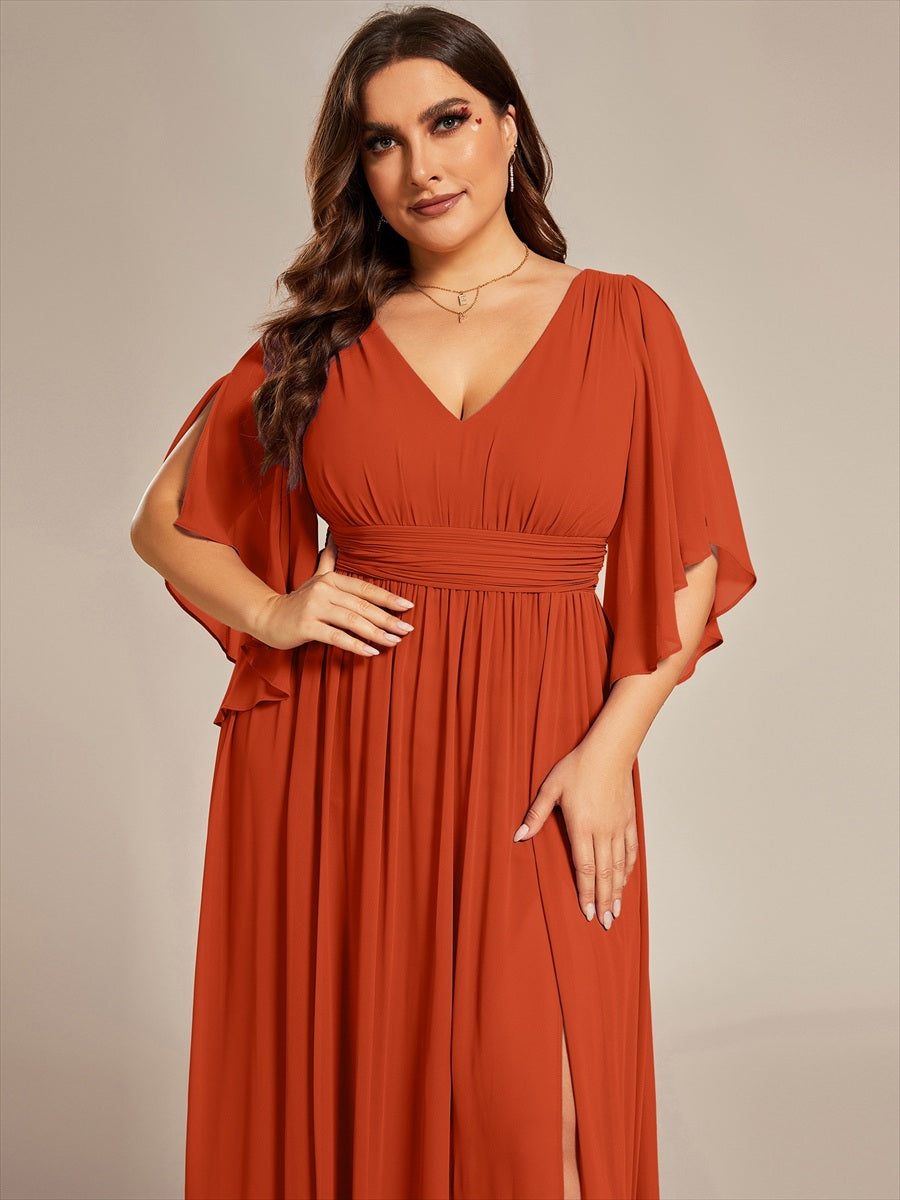 Robe Curvy en mousseline plissée Col V manches mi-longues #Couleur_Burnt Orange